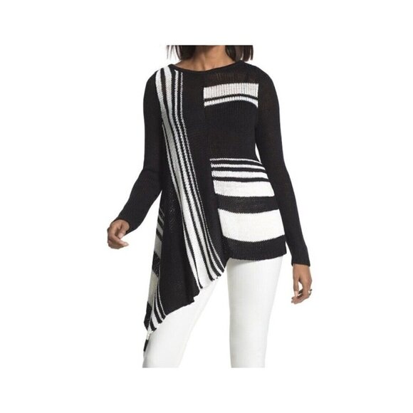 Chico's 1 Sz M Womens Asymmetrical Hem Knit Sweater Minimalist Black Stripe - Picture 5 of 12